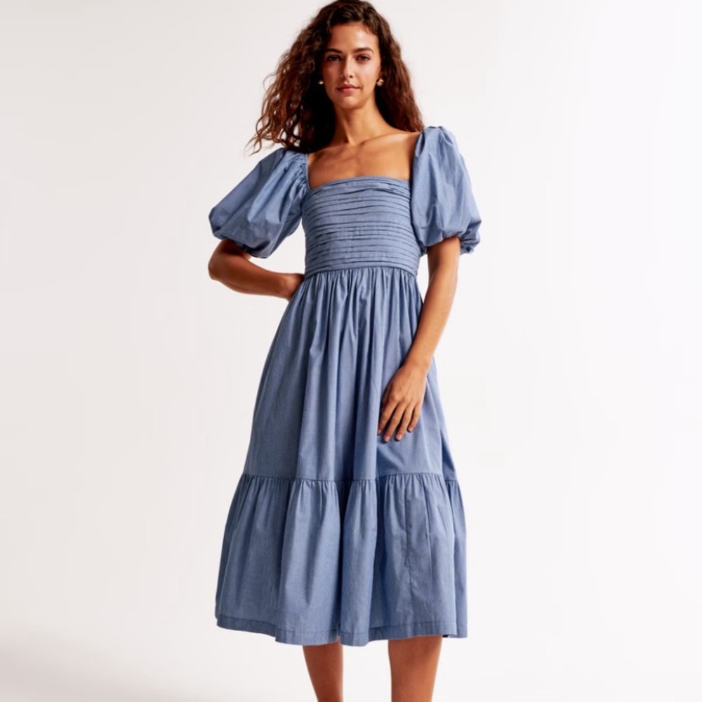 NWT The A&F Emerson Poplin Puff Sleeve Midi Dress in Blue Stripe